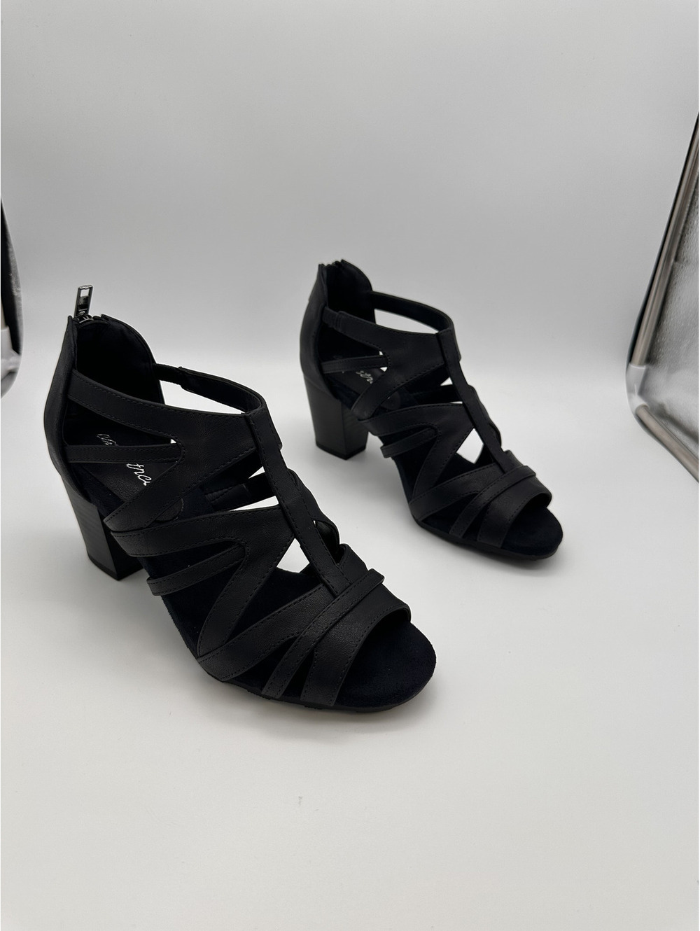 Easy Street Black Strappy Heeled Sandals with Back Zipper